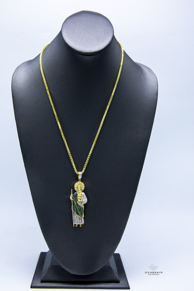 St. Jude Pendant W/Green and white Diamonds W/Chain