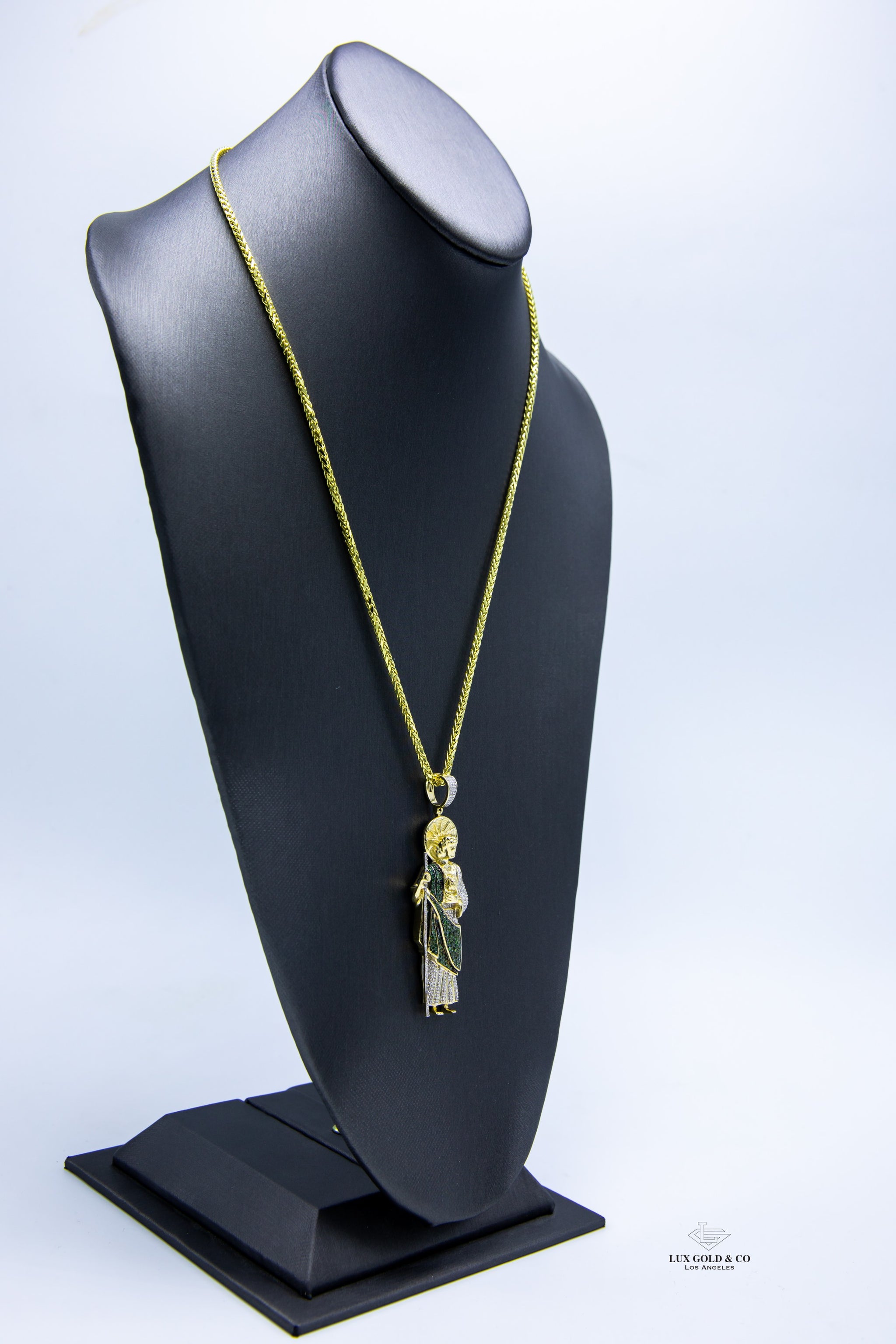 St. Jude Pendant W/Green and white Diamonds W/Chain