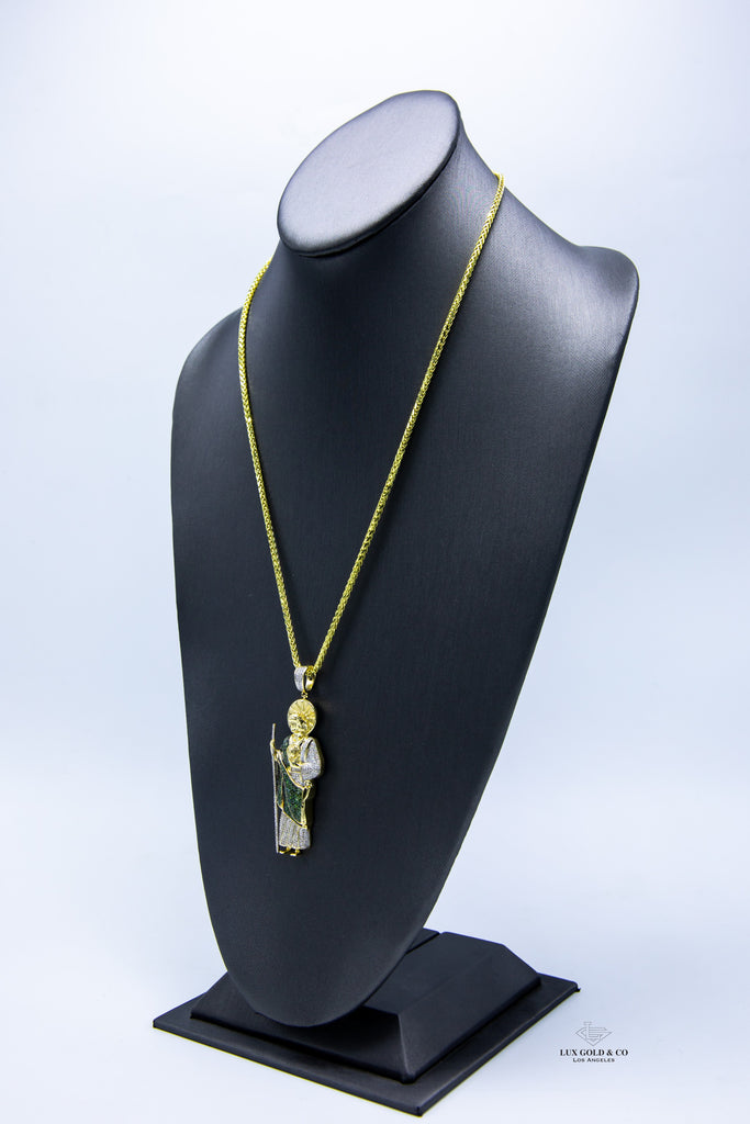 St. Jude Pendant W/Green and white Diamonds W/Chain